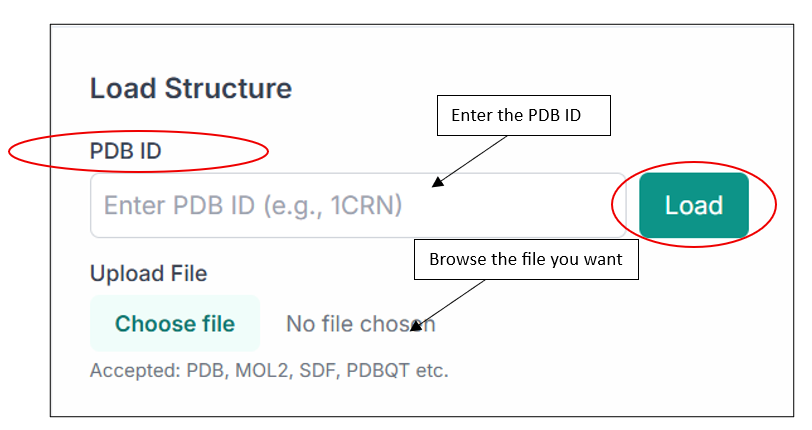 Upload and PDB ID options