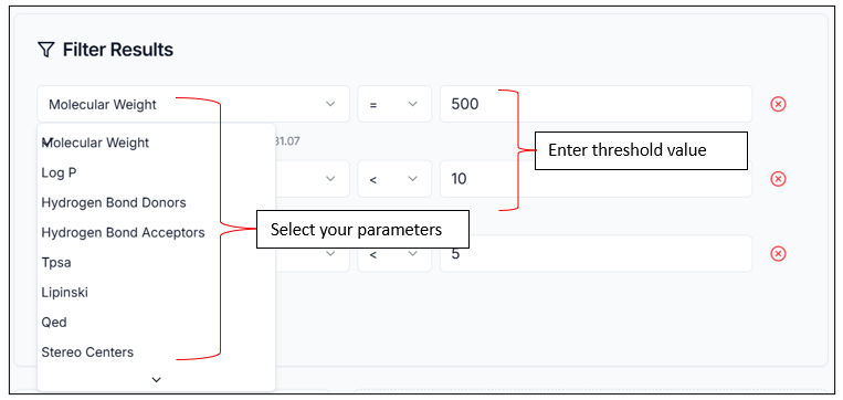 Filter results section with thresholds